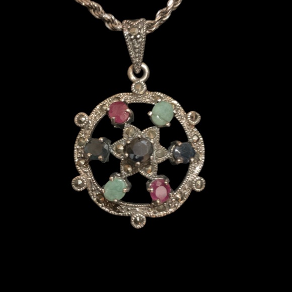 🌺 Vintage 925 Emerald Sapphire & Ruby Marcasite Pendant with 925 Rope Chain - Picture 11 of 13